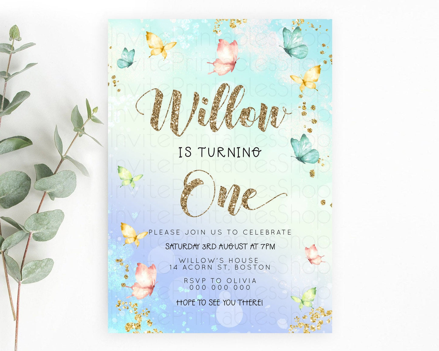 Pastel Butterfly Birthday Invitation Butterfly Birthday Invitation Colorful Splash Glitter Butterfly Garden 1st 2nd Birthday D23081