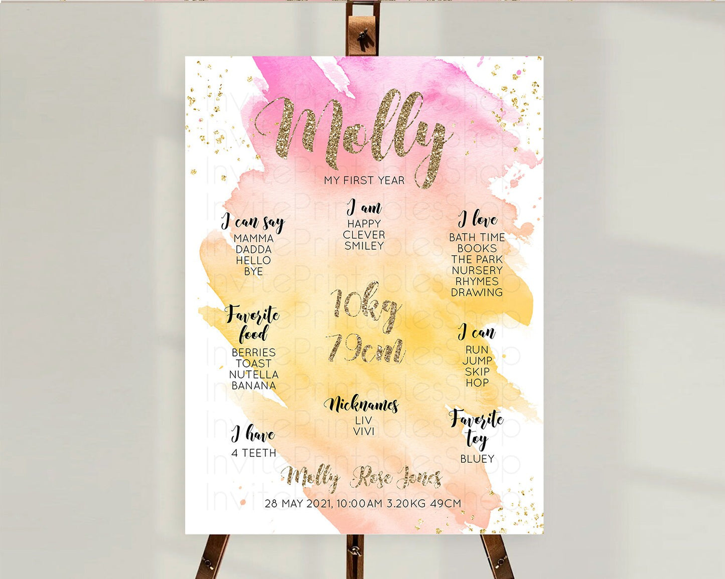 Pastel First Birthday Milestone Board Pastel Rainbow Milestone Poster Colorful Confetti Watercolor Glitter 1st Birthday Welcome Sign D10526