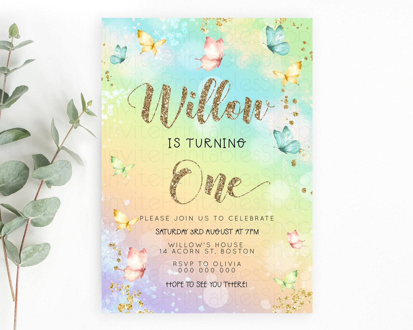 Pastel Butterfly Birthday Invitation Butterfly Birthday Invitation Colorful Splash Glitter Butterfly Garden 1st 2nd Birthday D23083