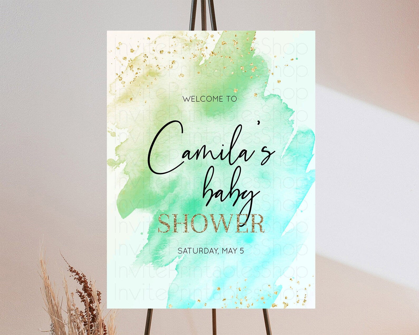 Green Baby Shower Welcome Sign Green Watercolor Welcome Board Pastel Green Party Decor Splash Welcome Poster Green Welcome Board D10170
