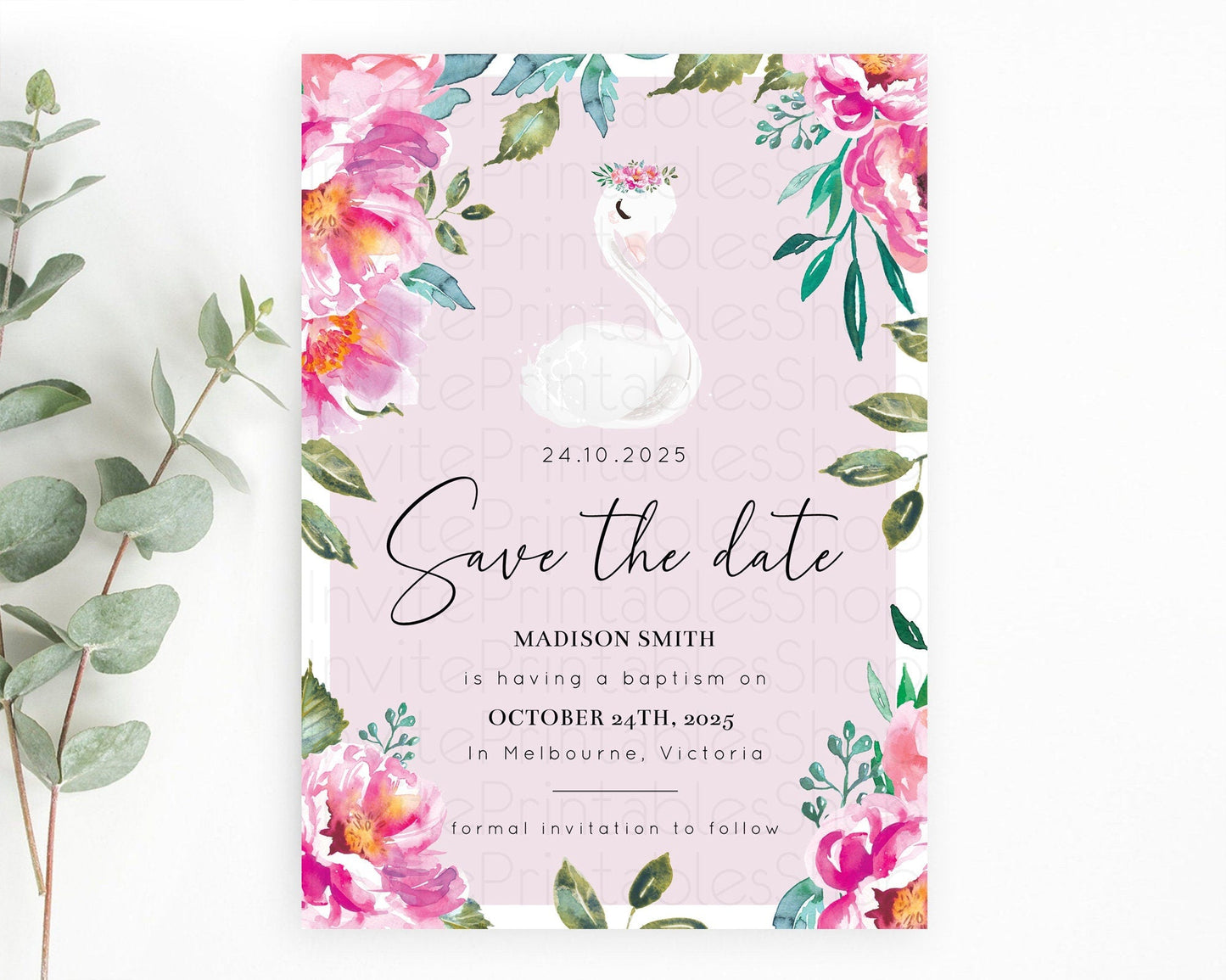 Swan Save The Date Template Swan Princess Ballet Party Enchanted Swan Lake Secret Garden Pastel Floral Birthday Baptism Baby Shower D10757