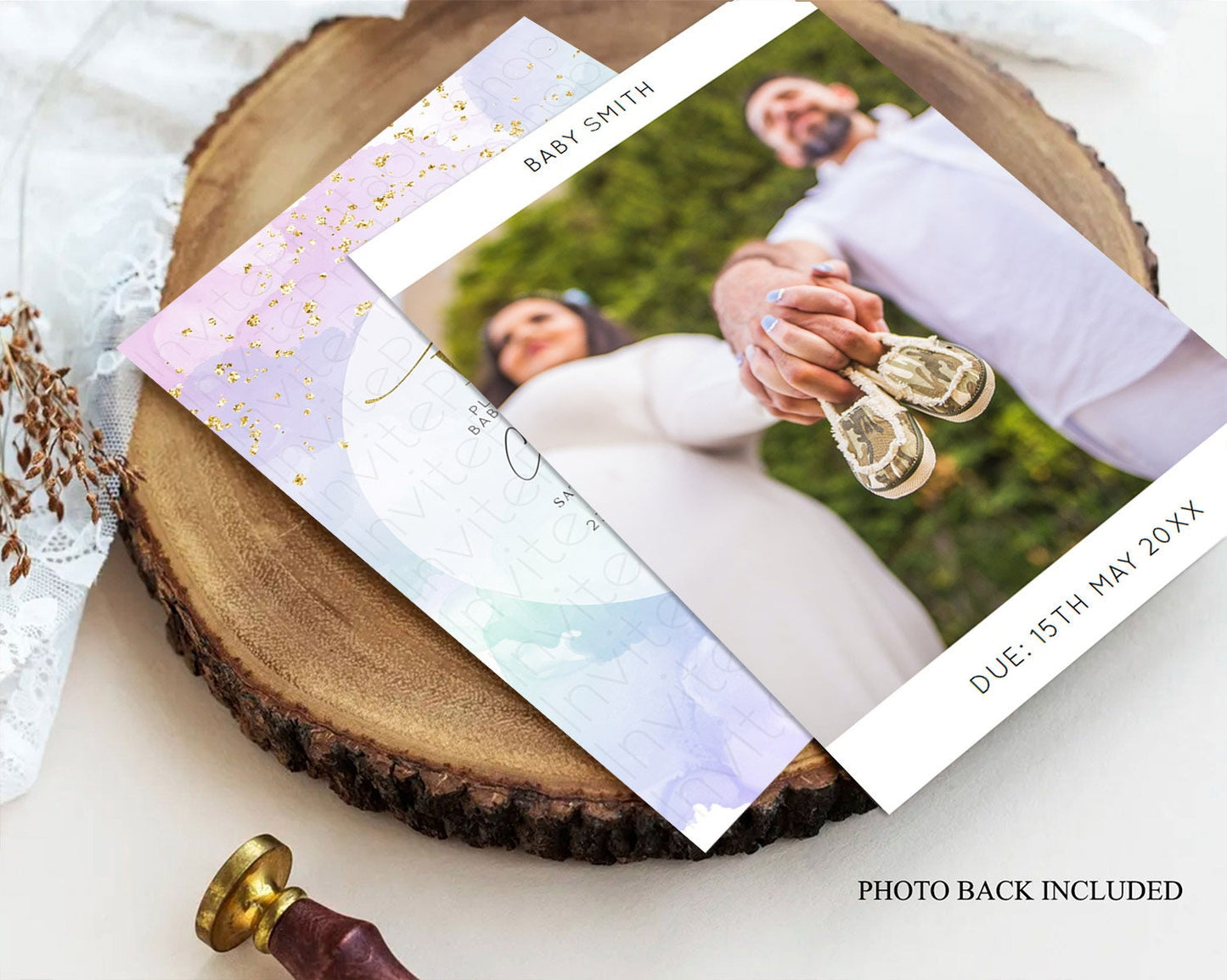 Pastel Rainbow Baby Shower Invitation, Colorful Watercolor with Gold Glitter Sprinkles and Ombre Clouds in Pink, Purple, Soft Green D10624