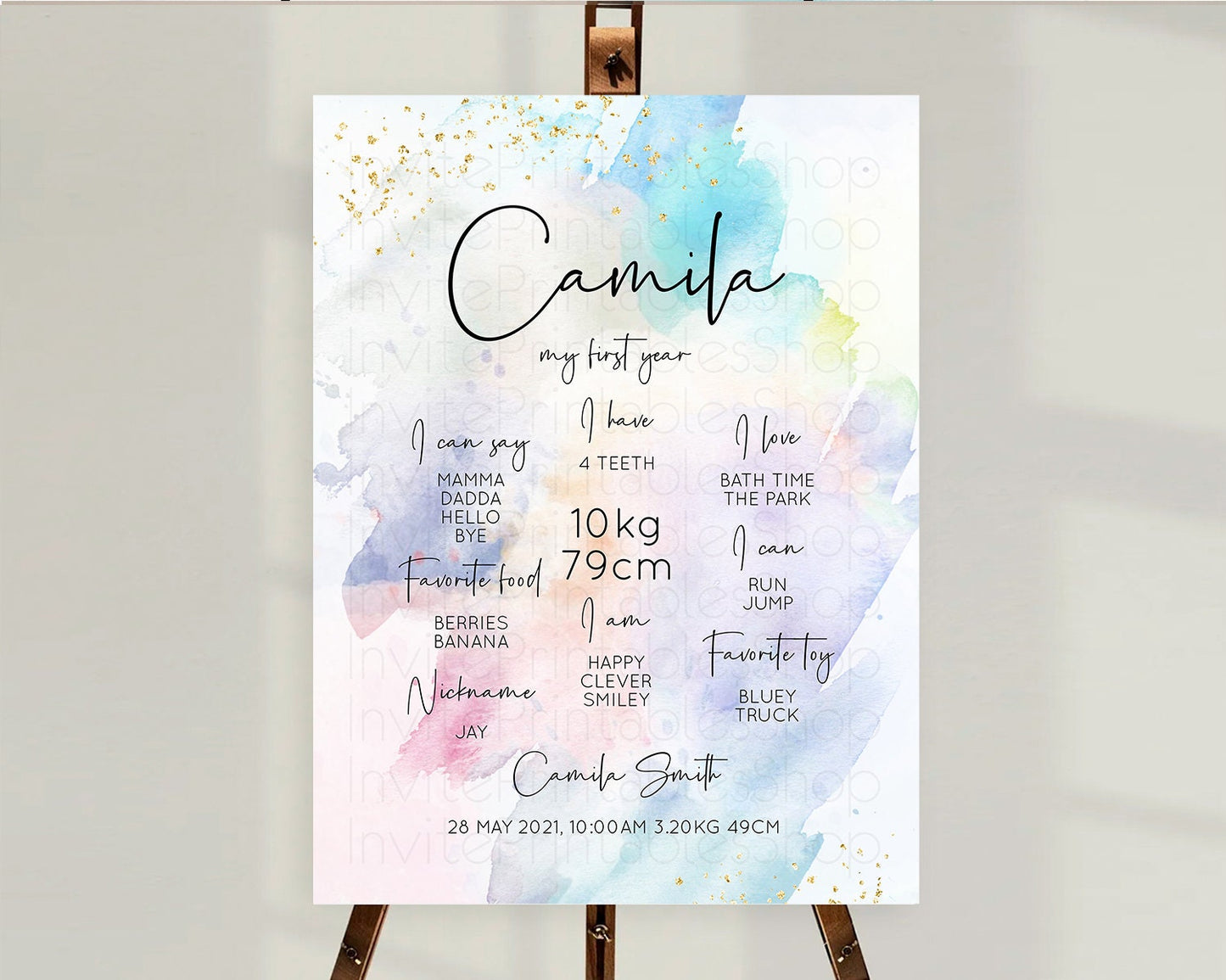 Pastel First Birthday Milestone Board Pastel Rainbow Milestone Poster Colorful Confetti Watercolor Glitter 1st Birthday Welcome Sign D10422