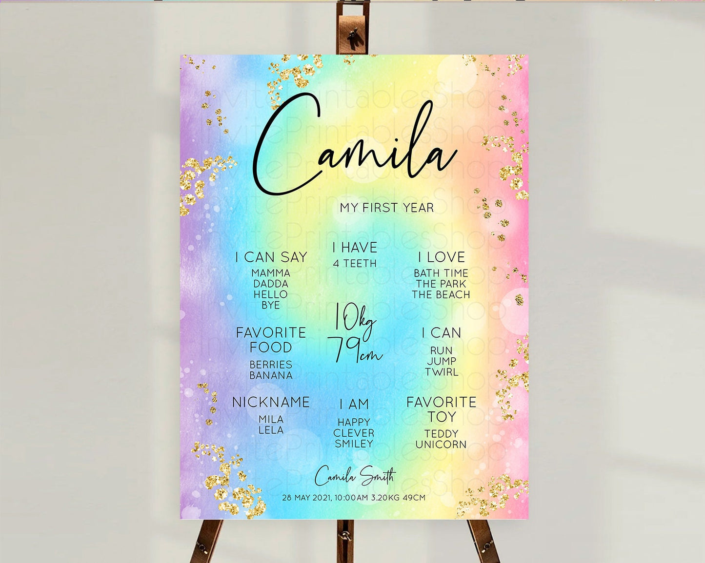 Pastel First Birthday Milestone Board Pastel Rainbow Milestone Poster Colorful Confetti Watercolor Glitter 1st Birthday Welcome Sign D10568