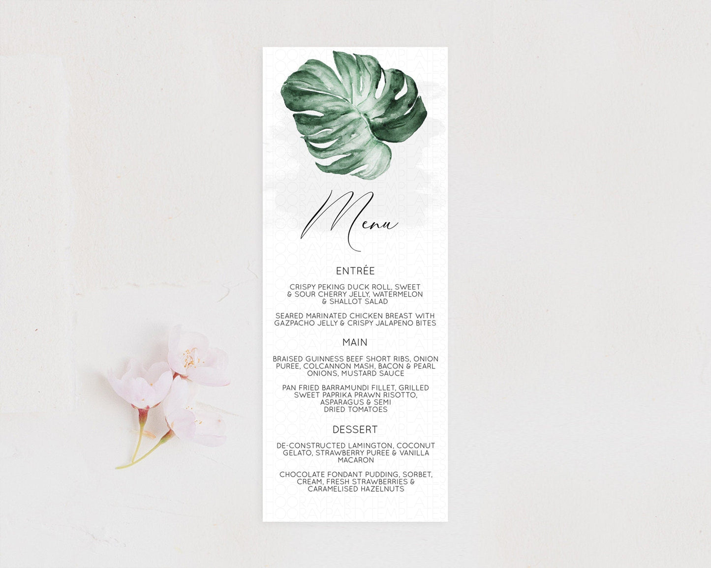 Tropical Menu Template Tropical Menu Palm Leaf Fern Table Decor Frangipani Floral White Orchid Dinner Dessert Menu Party Food Menu D11041