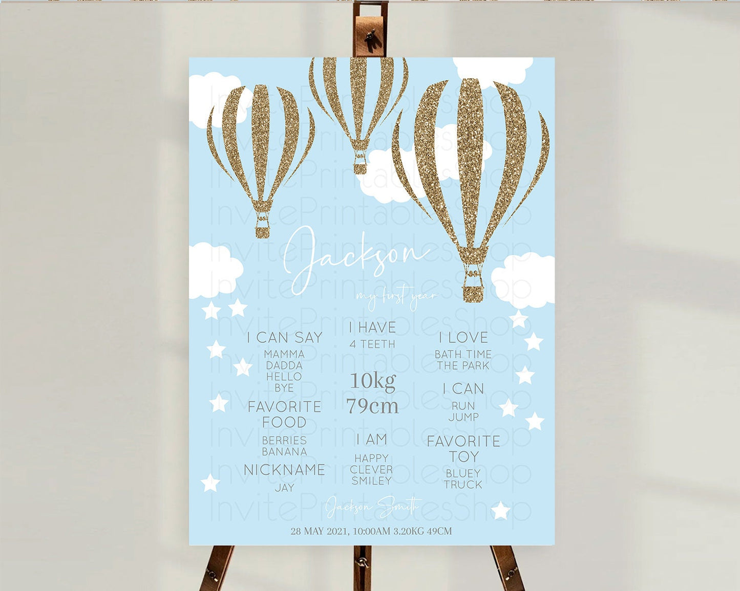 Hot Air Balloon First Birthday Milestone Poster Hot Air Balloon Milestone Board Adventure Awaits Blue Watercolor 1st Birthday Boy D10332