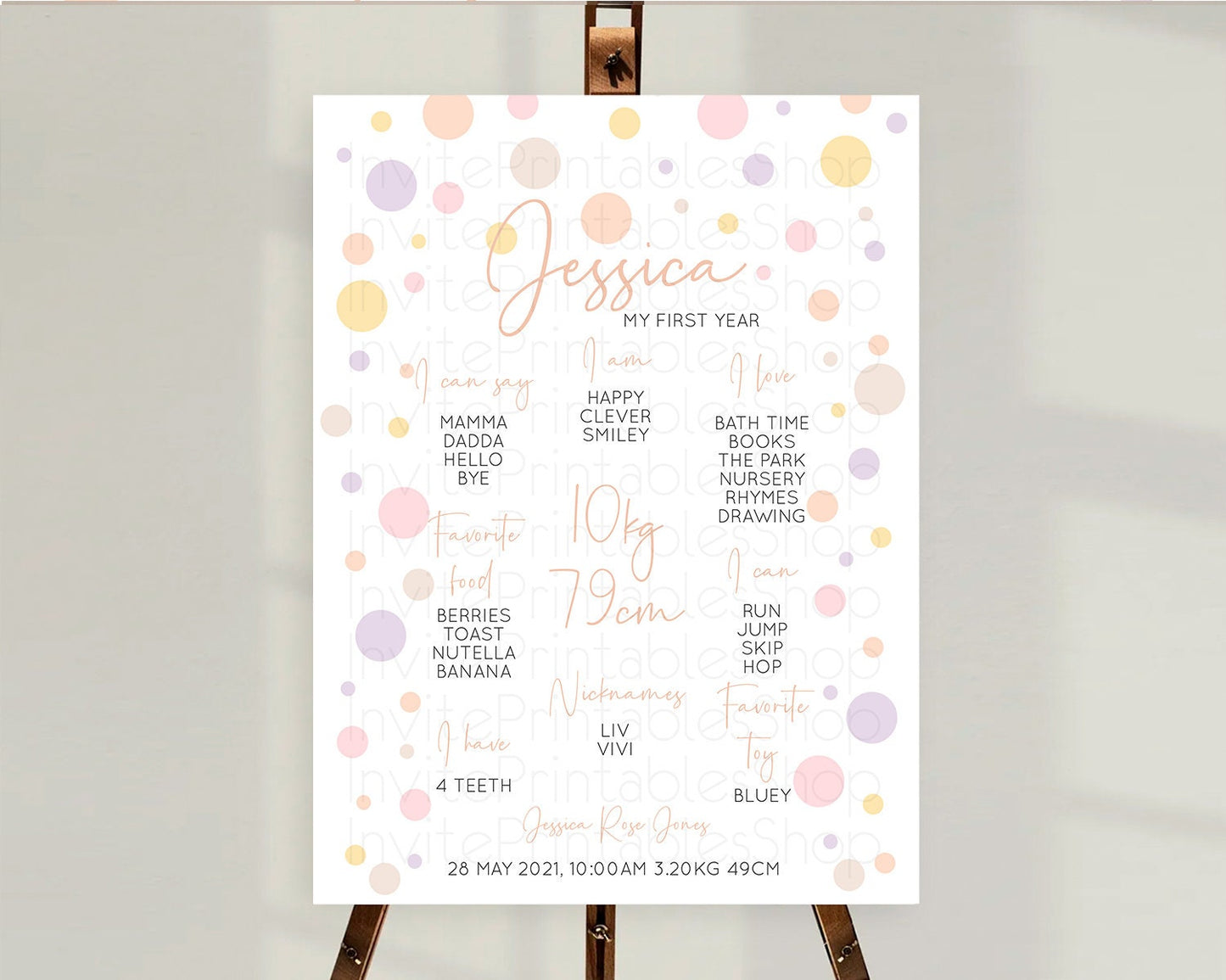 Pastel First Birthday Milestone Poster Pastel Rainbow Confetti First Birthday Milestone Board Colorful Bubbles Birthday Welcome Sign D10759