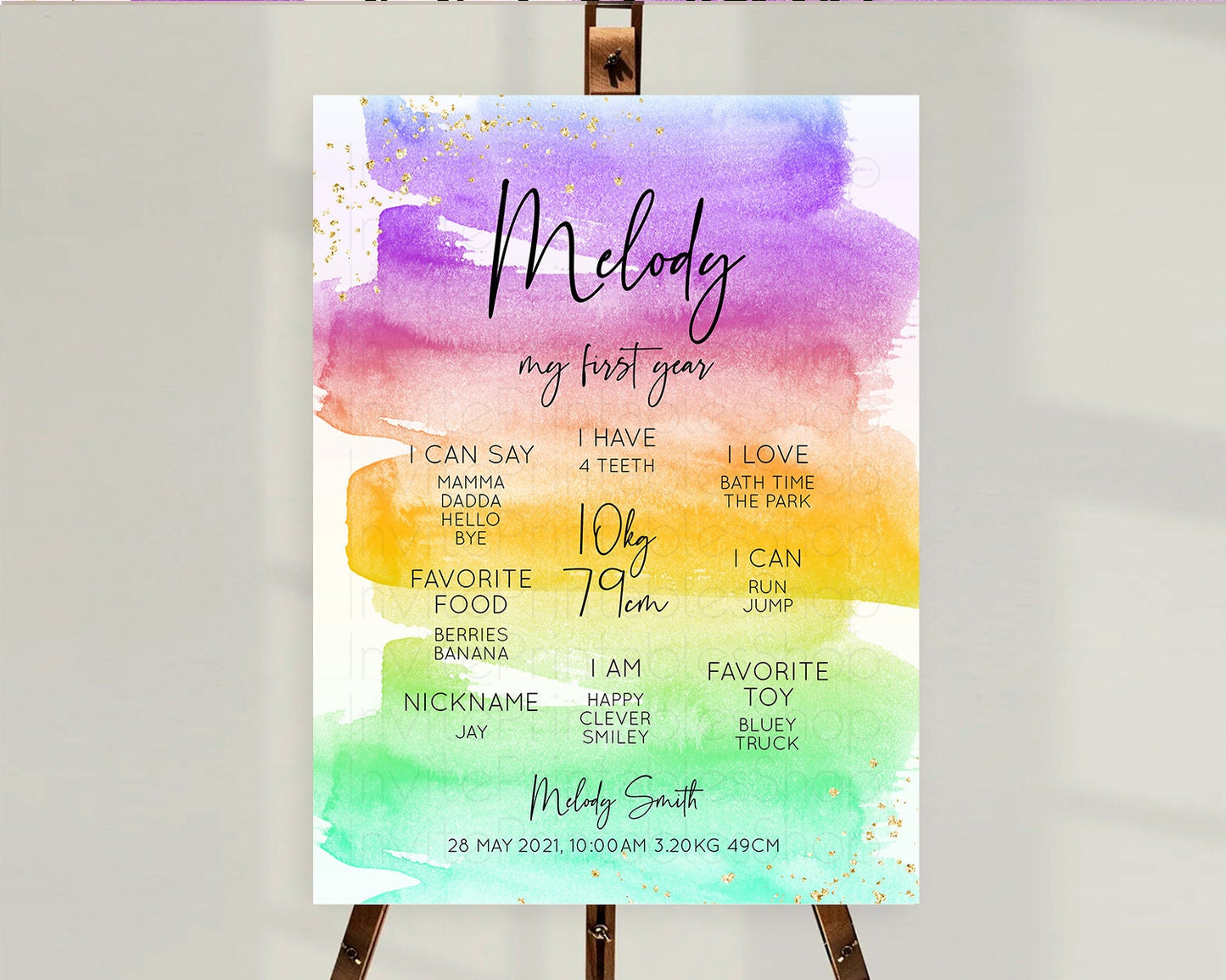 Pastel First Birthday Milestone Board Pastel Rainbow Milestone Poster Colorful Confetti Watercolor Glitter 1st Birthday Welcome Sign D10524