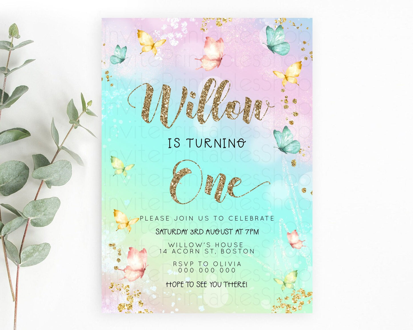 Pastel Butterfly Birthday Invitation Butterfly Birthday Invitation Colorful Splash Glitter Butterfly Garden 1st 2nd Birthday D23079