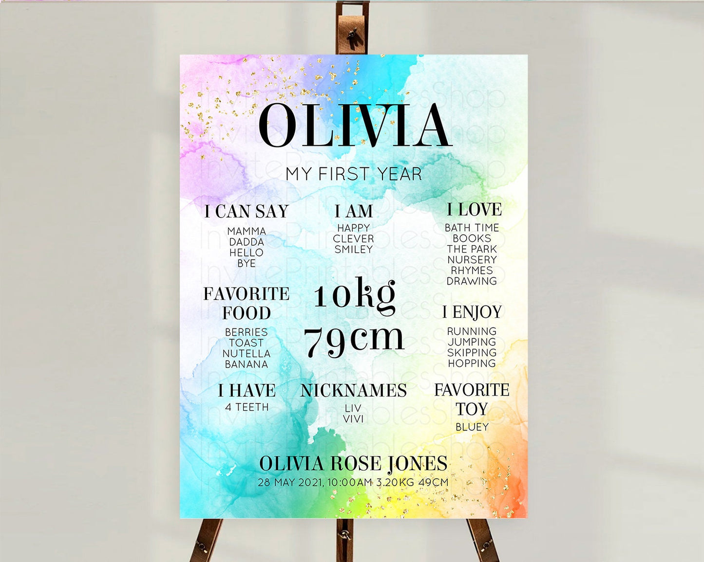 Pastel First Birthday Milestone Board Pastel Rainbow Milestone Poster Colorful Confetti Watercolor Glitter 1st Birthday Welcome Sign D10961