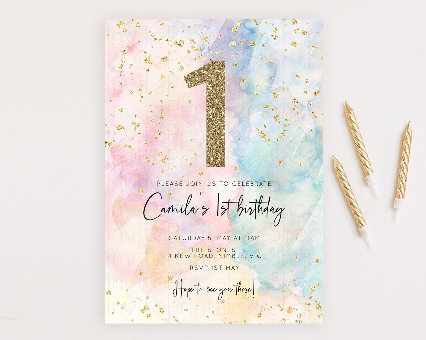 Rainbow Birthday Invitation Colorful Pastel Watercolor Invitation Gold Glitter Sprinkles Ombre Pastel 1st 2nd 3rd Birthday D10276