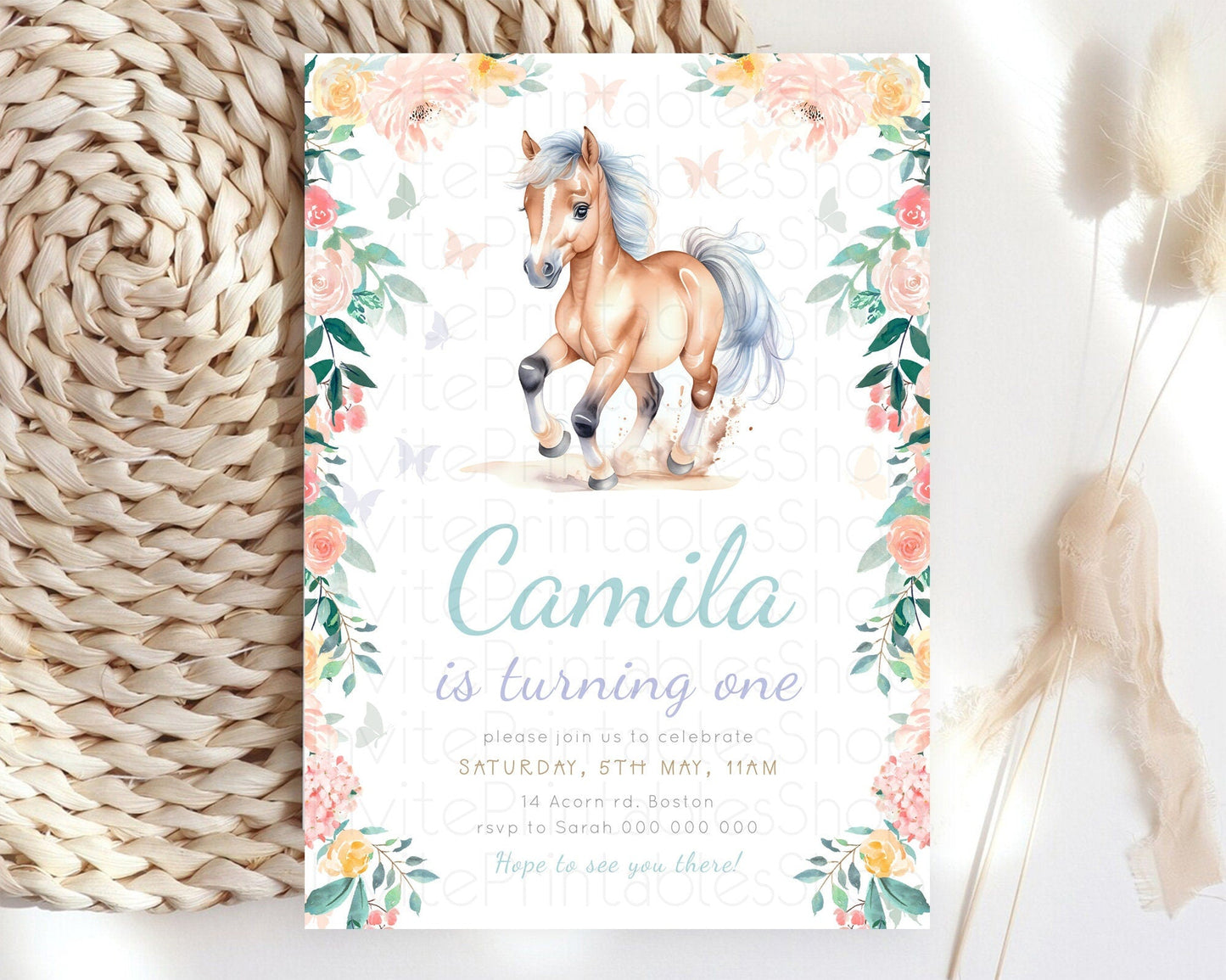 Editable Horse Birthday Invitation Girl Saddle Up Watercolor Cowgirl Party Horse Invite Pink Floral Download Printable Template d23385