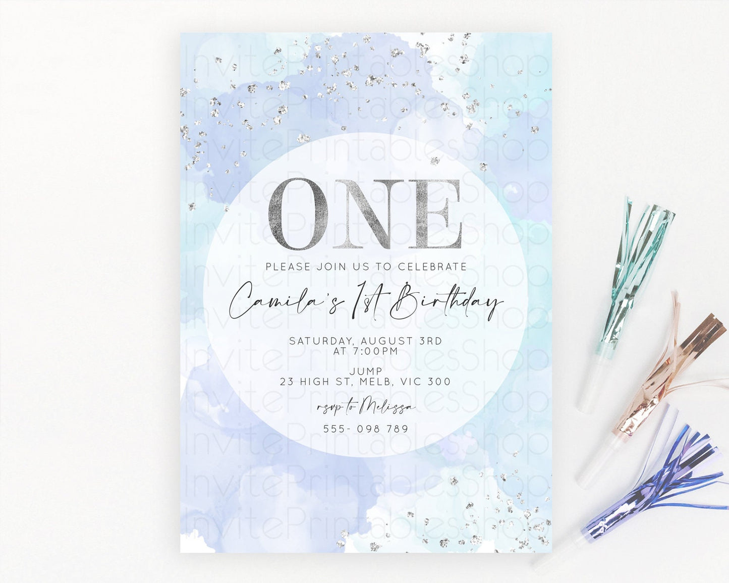 Rainbow Birthday Invitation Colorful Pastel Watercolor Silver Glitter Sprinkles Ombre Pastel Invitation 1st 2nd 3rd First Birthday D10628