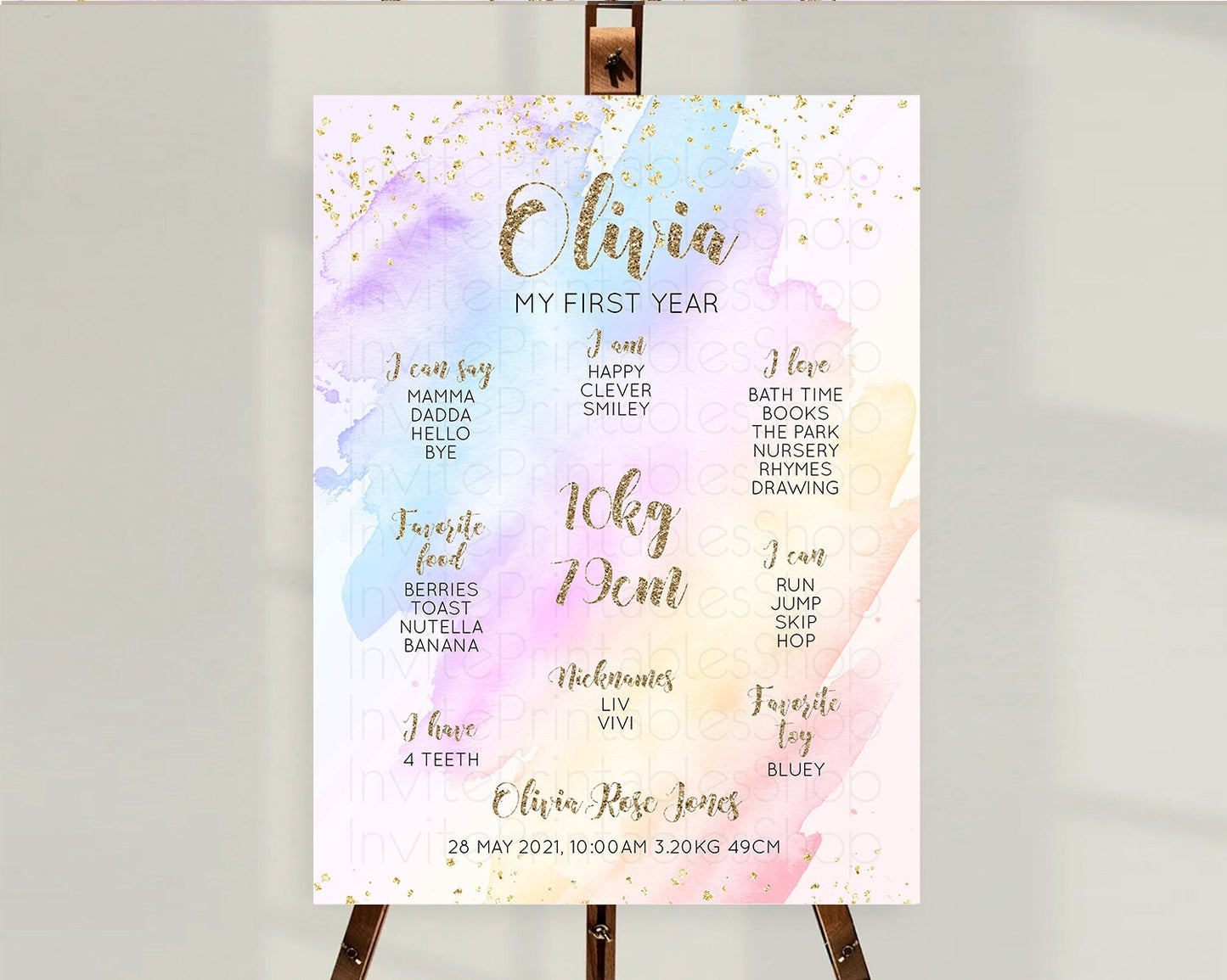 Pastel First Birthday Milestone Board Pastel Rainbow Milestone Poster Colorful Confetti Watercolor Glitter 1st Birthday Welcome Sign D10633