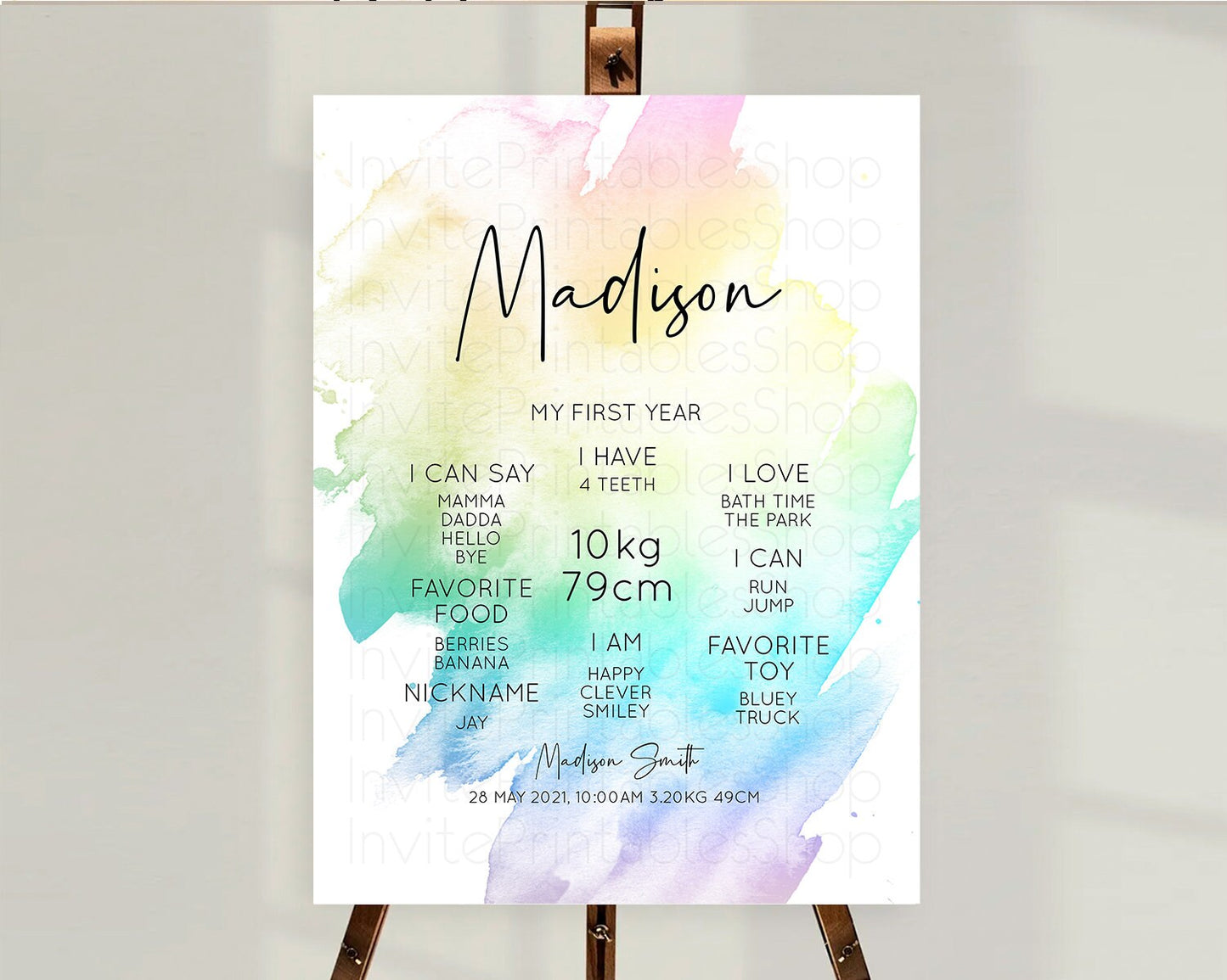 Pastel First Birthday Milestone Board Pastel Rainbow Milestone Poster Colorful Confetti Watercolor Glitter 1st Birthday Welcome Sign D10279
