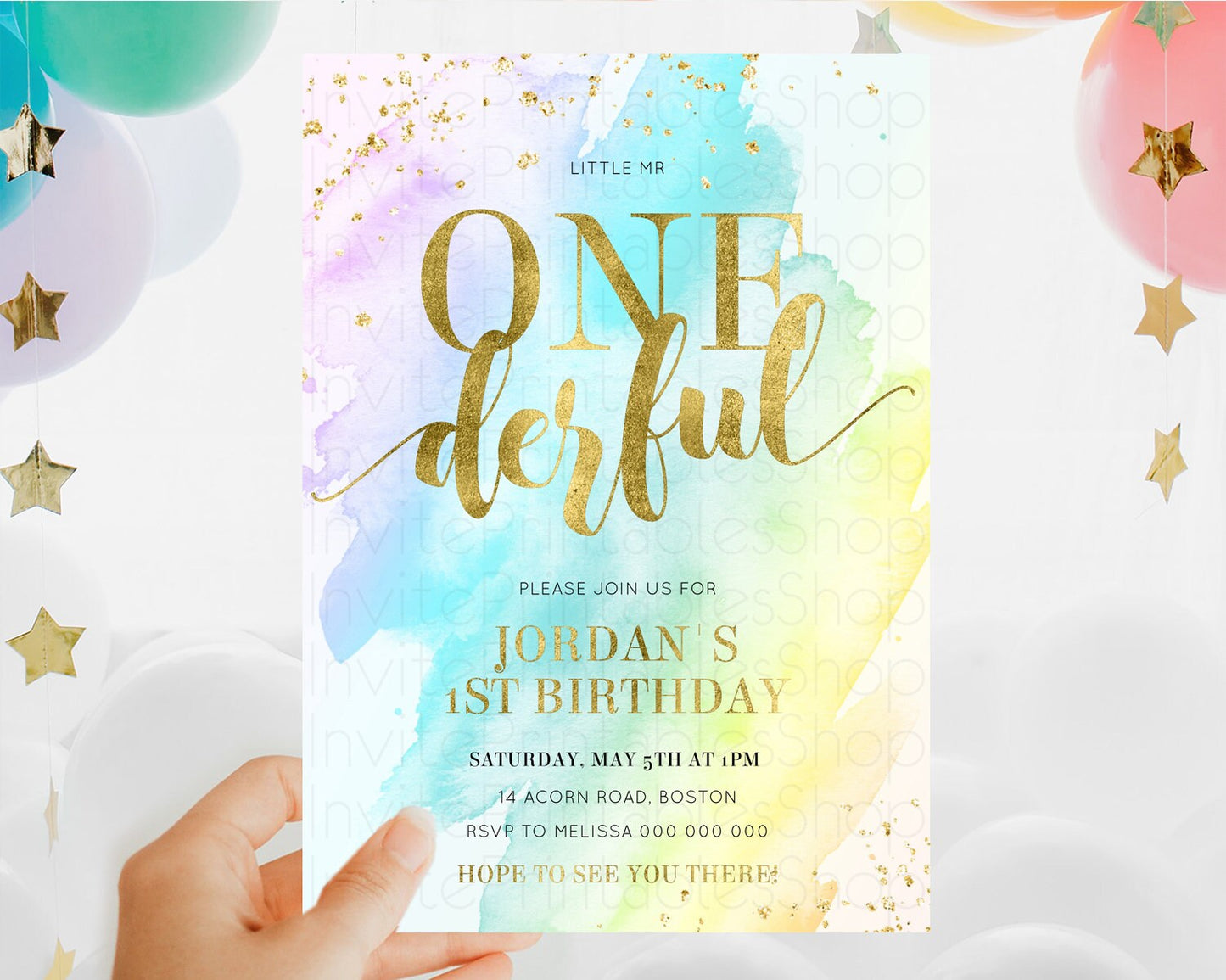 ONEderful Rainbow Birthday Invitation Colorful Pastel Watercolor Invitation Gold Glitter Sprinkles Ombre Pastel 1st Birthday D11026