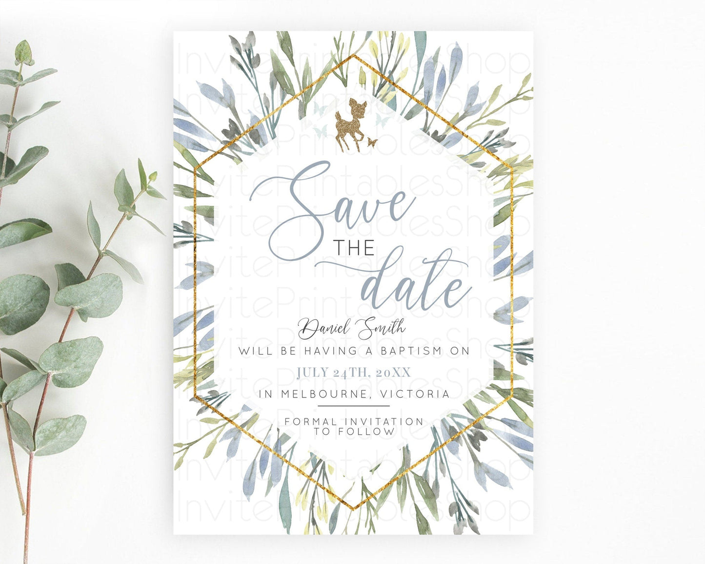 Fawn Deer Save The Date Template Pastel Floral Deer Enchanted Forest Butterfly Party 1st Birthday Baptism Baby Shower Bridal Shower D10534