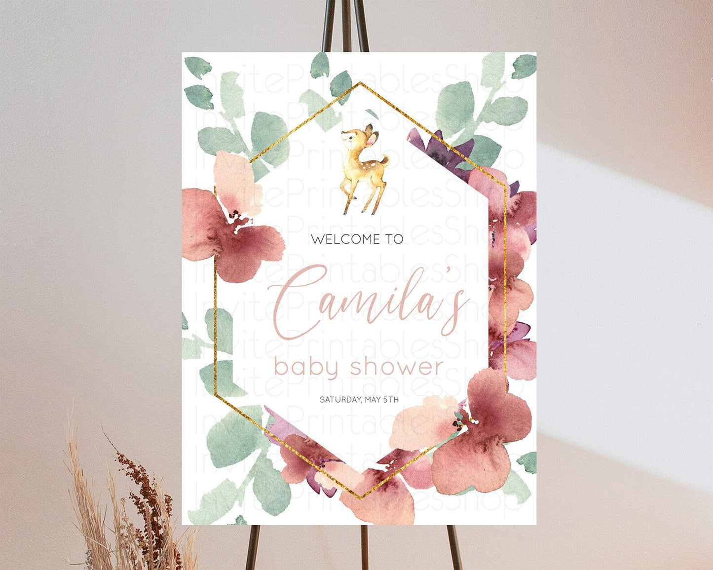 Fawn Baby Shower Welcome Sign Deer Welcome Board Floral Deer Welcome Poster Enchanted Forest Butterfly Pastel Floral Welcome Sign D10915