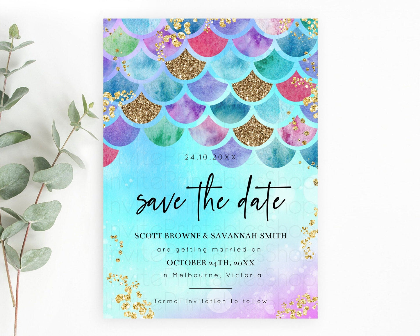 Rainbow Fish Save The Date Template Watercolor Mermaid Rainbow Fish Under Sea Pastel Pool Party For 1st Birthday Baptism Baby Shower D10581