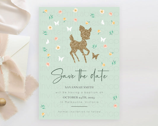Editable Fawn Deer Save The Date Template Pastel Floral Deer Enchanted Fores