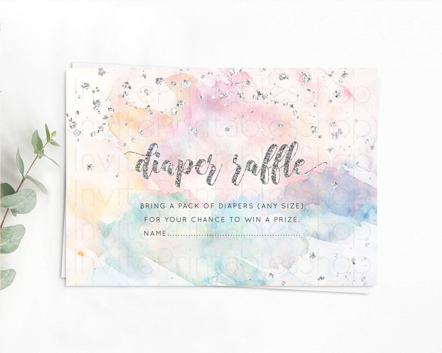 Pastel Rainbow Diaper Raffle Card Pastel Diaper Raffle Insert Pastel Colorful Diaper Ticket Confetti Watercolor Silver Raffle Game D10944