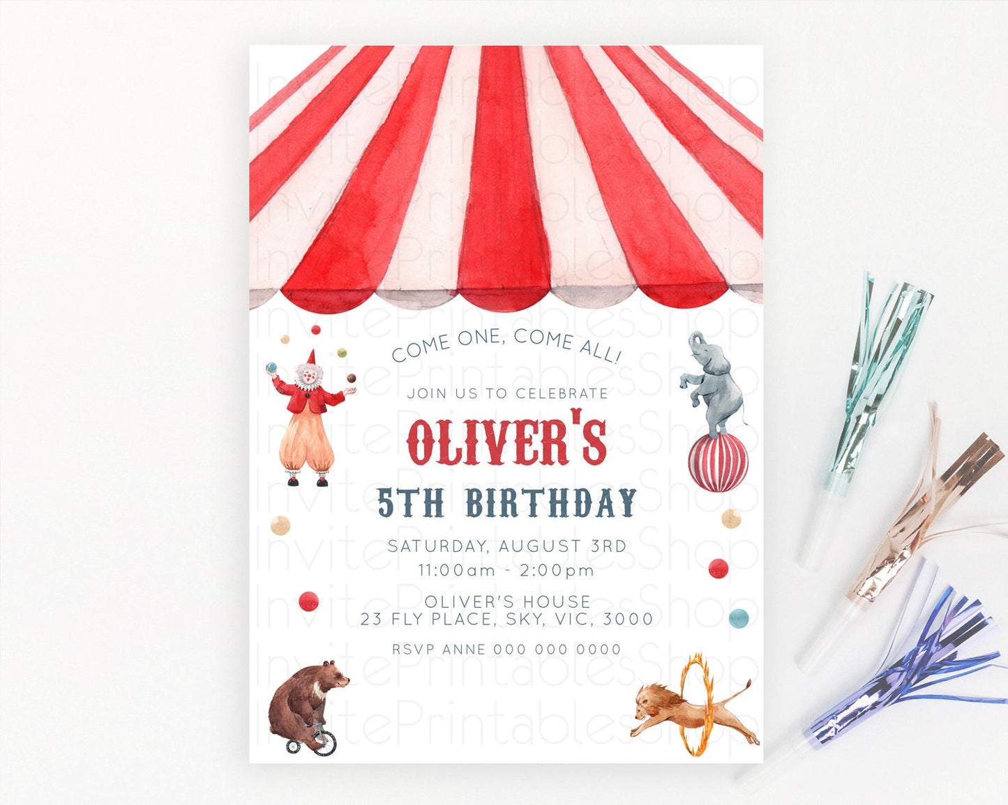 Vintage Circus Birthday Invitation | Carnival Fun | Clown, Lion, Elephant | Circus Tent Design D10533