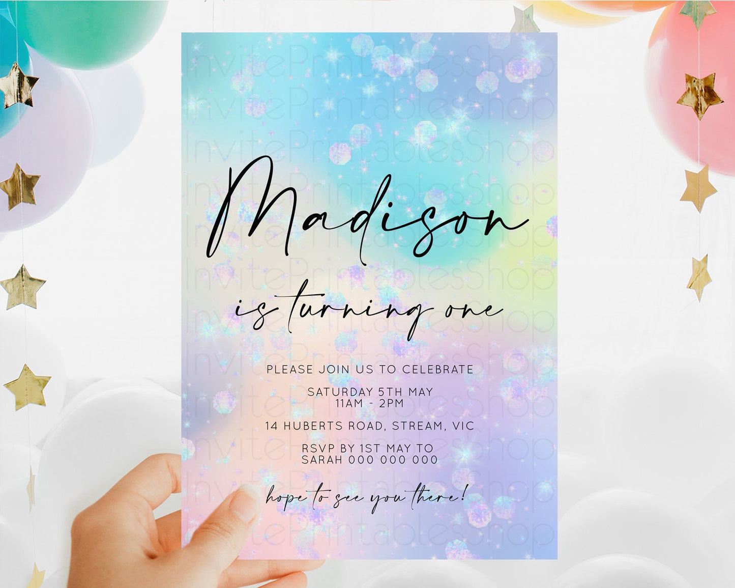 Rainbow Birthday Invitation Colorful Pastel Watercolor Iridescent Glitter Sprinkles Ombre Pastel Invitation 1st 2nd First Birthday D10665