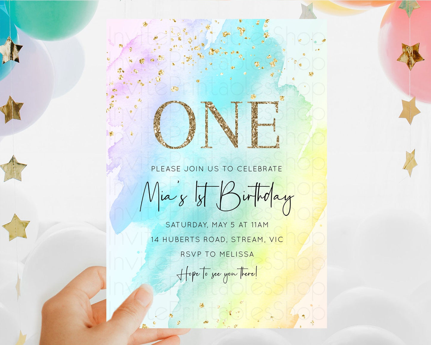 Rainbow Birthday Invitation Colorful Pastel Watercolor Invitation Gold Glitter Sprinkles Ombre Pastel 1st 2nd 3rd Birthday D10171