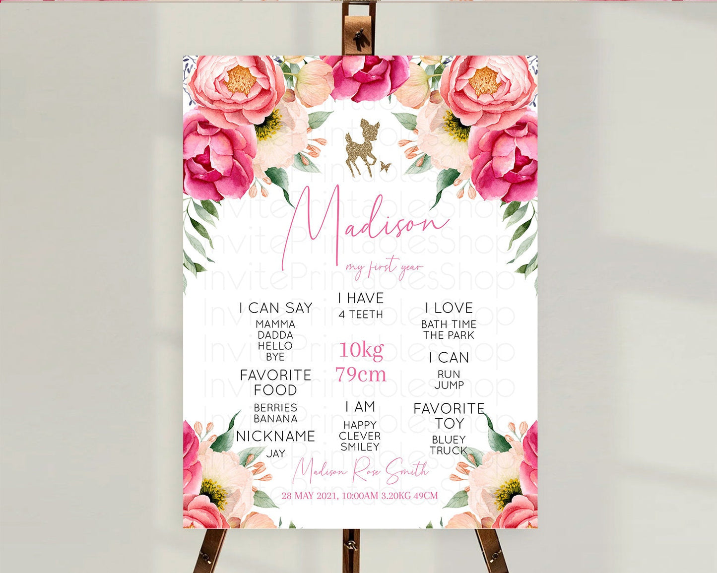 Fawn First Birthday Milestone Board Deer First Birthday Milestone Poster Enchanted Forest Butterfly Pastel Flowers 1st Birthday Sign D10326