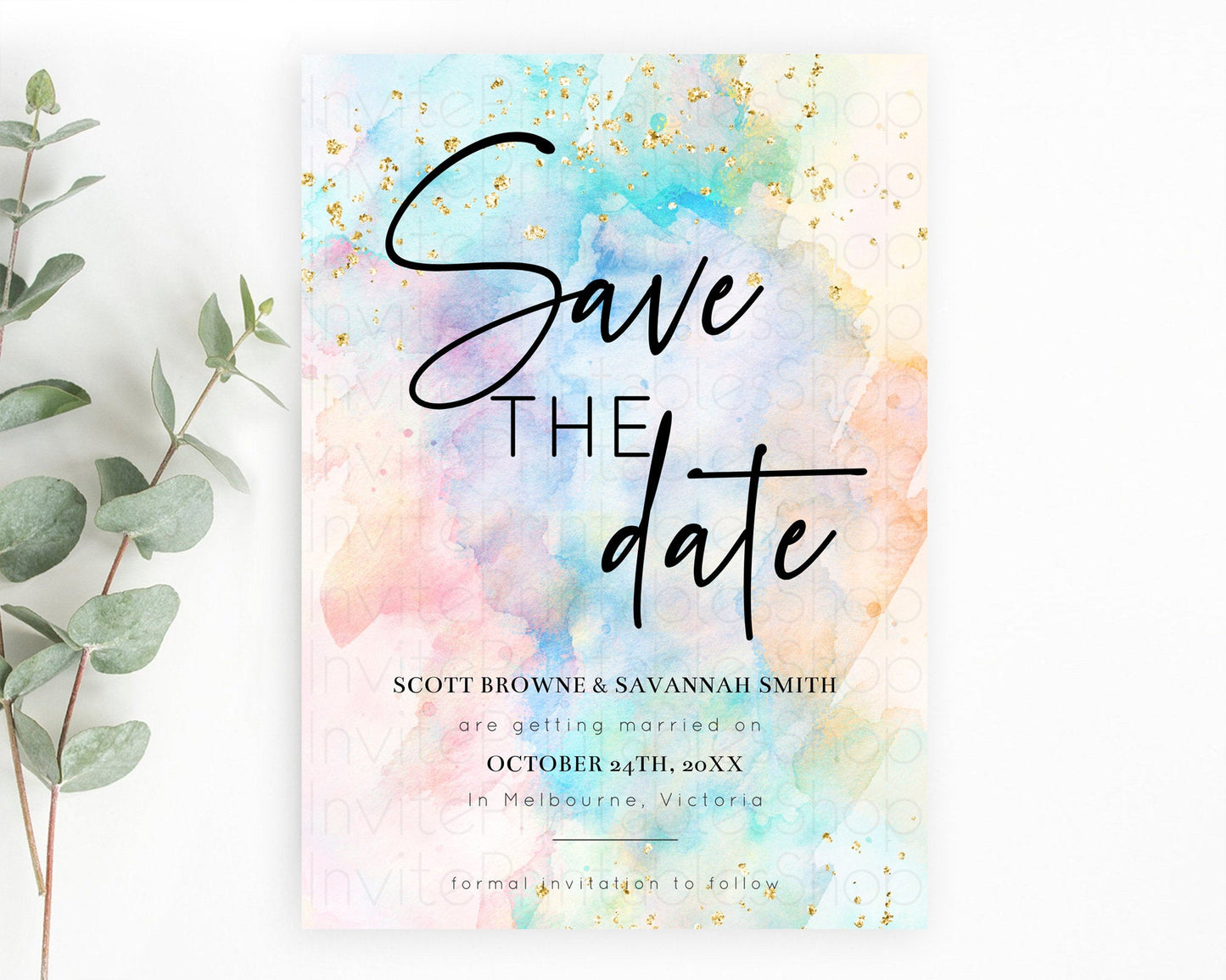 Pastel Save The Date Template Pastel Ombre Rainbow Watercolor Colorful Party For Birthday Baptism Baby Shower Wedding Bridal Shower D10260