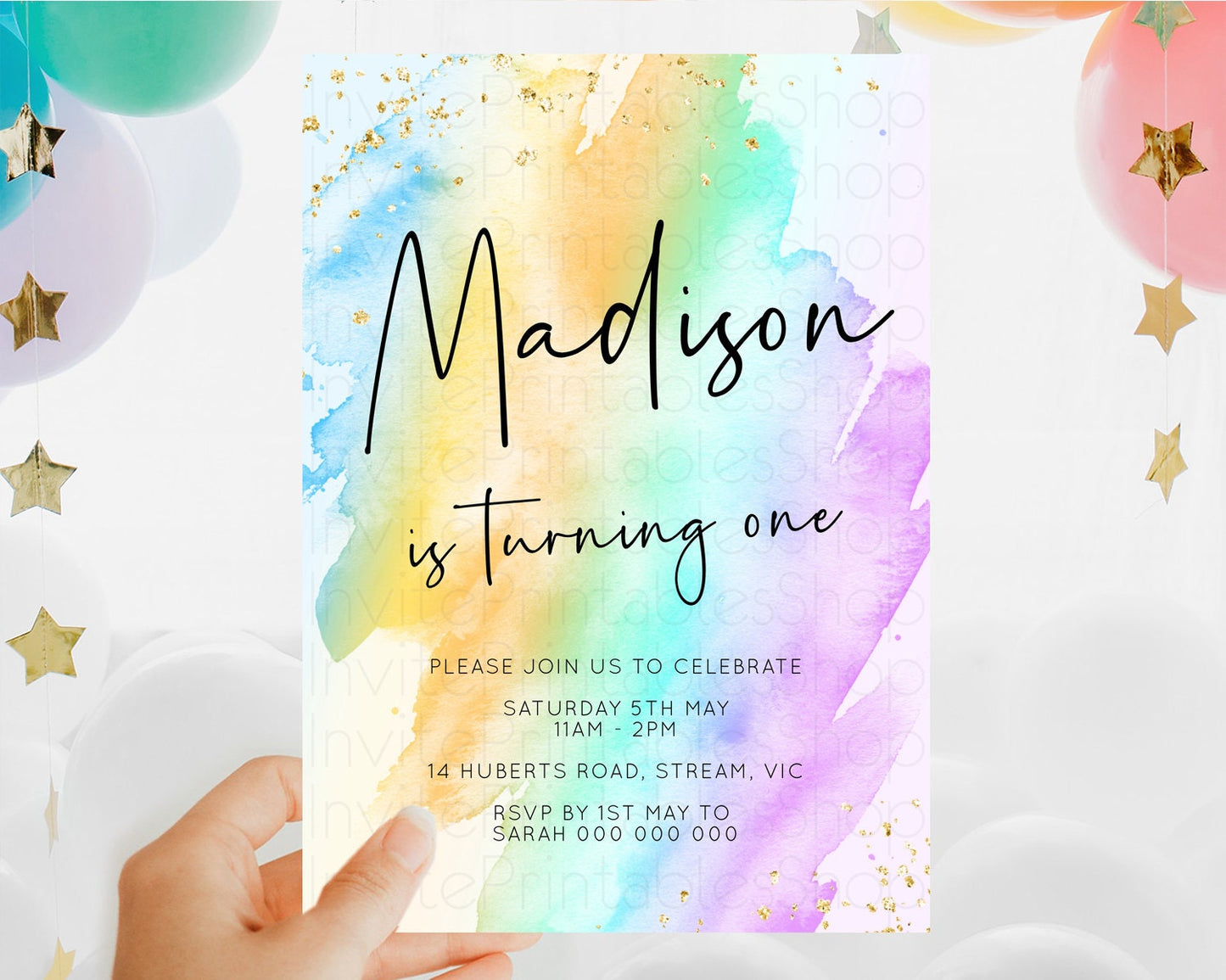 Rainbow Birthday Invitation Colorful Pastel Watercolor Invitation Gold Glitter Sprinkles Ombre Pastel 1st 2nd 3rd Birthday D10427