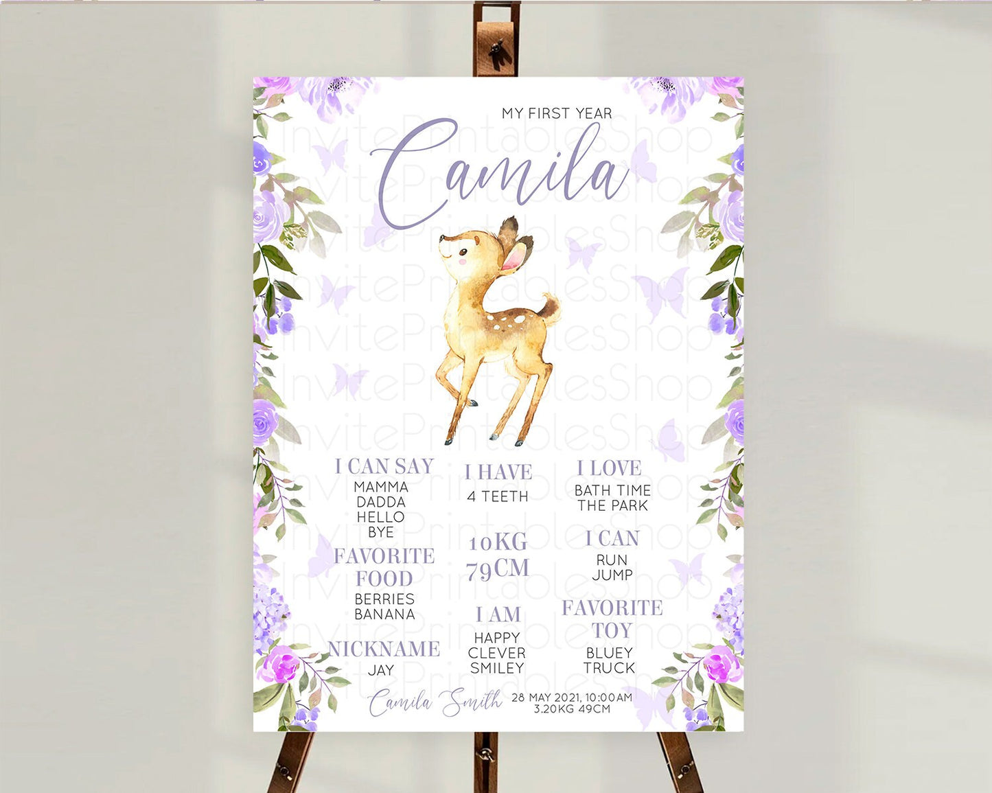 Fawn First Birthday Milestone Board Deer First Birthday Milestone Poster Enchanted Forest Butterfly Pastel Flowers 1st Birthday Sign D10916