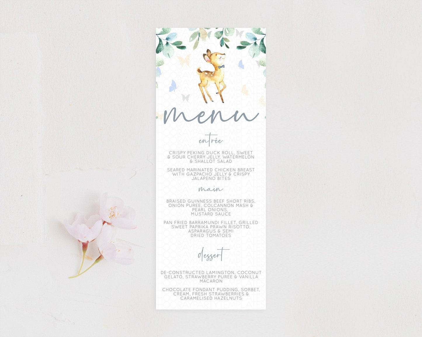 Fawn Menu Deer Menu Template Pastel Floral Deer Table Decor Enchanted Forest Butterfly Floral Dinner Dessert Menu Party Food Menu D10767