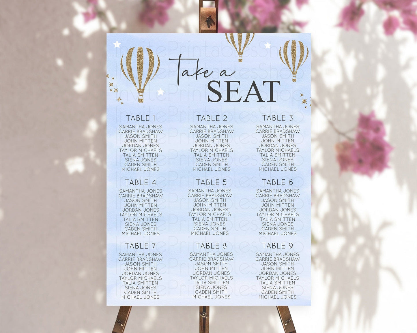 Hot Air Balloon Seating Chart Hot Air Balloon Seating Chart Adventure Awaits Up & Away Glitter Blue Watercolor Seating Take a Seat D10333