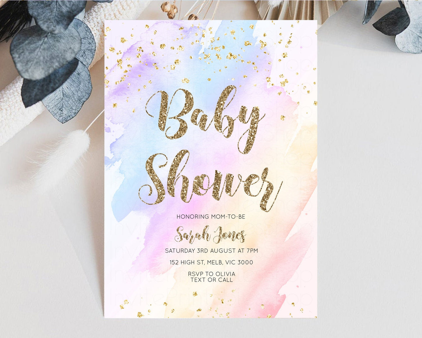 Rainbow Baby Shower Invitation Pastel Baby Shower Invitation Watercolor Ombre Invitation Rainbow Pastel Colors Invite Glitter Confetti g600