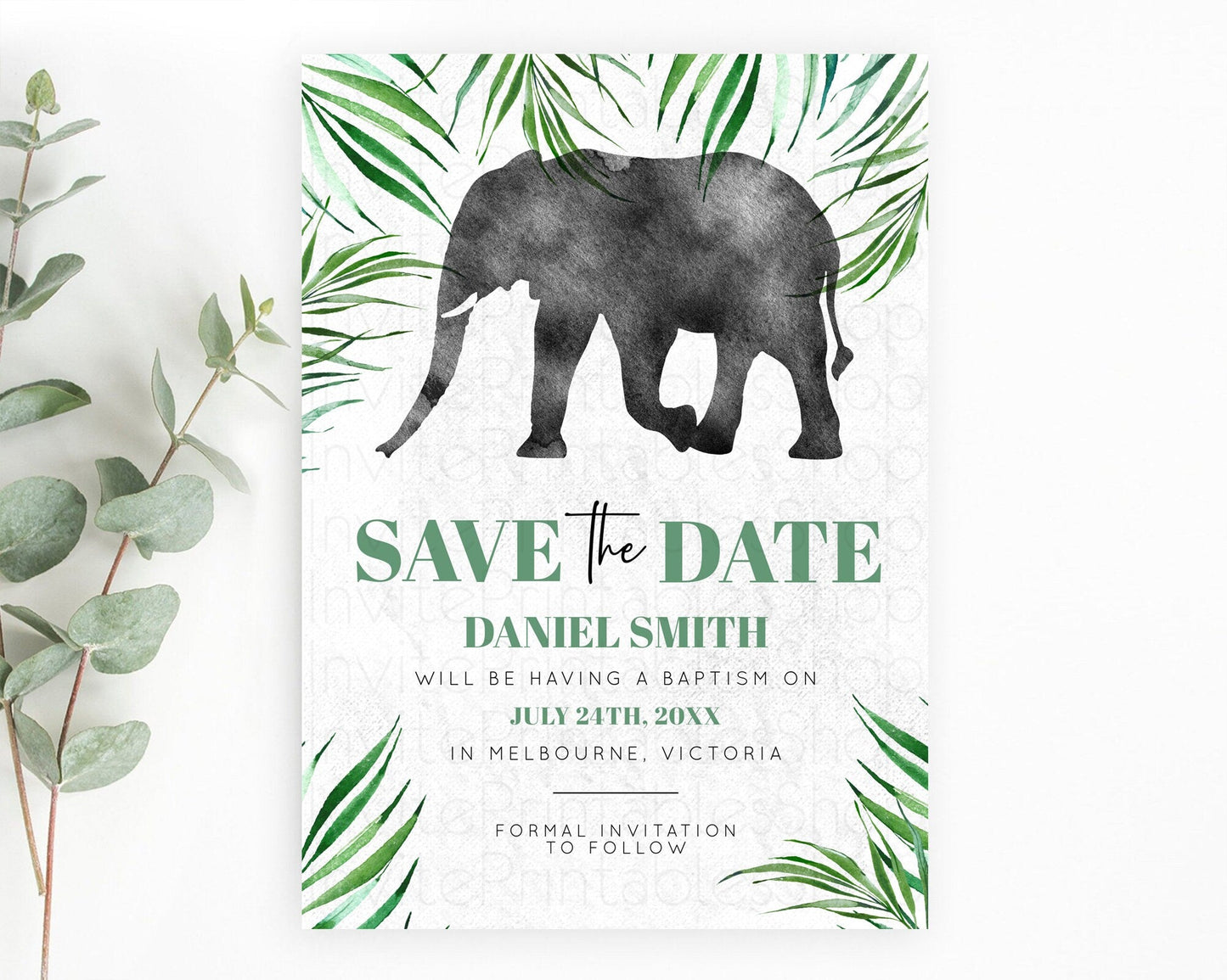 Elephant Save The Date Template Elephant Safari Adventure Party Dried Palm Fern Zoo 1st Birthday Baptism Baby Shower Bridal Shower D10842