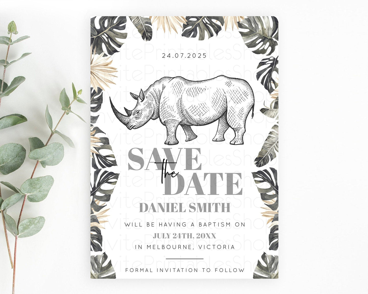 Rhino Save The Date Template Rhino Party Save The Date Safari Adventure Rhino Minimal Theme For 1st Birthday Baptism Baby Shower D10826