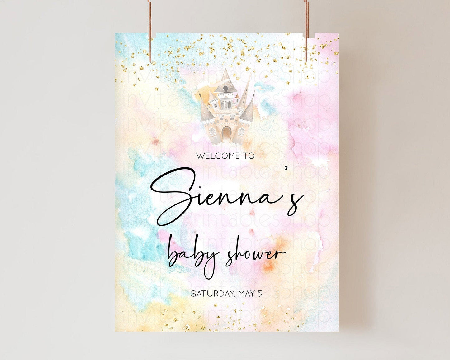 Princess Baby Shower Welcome Sign Pastel Princess Welcome Board Pastel Rainbow Colorful Enchanted Castle Watercolor Welcome Sign D11029