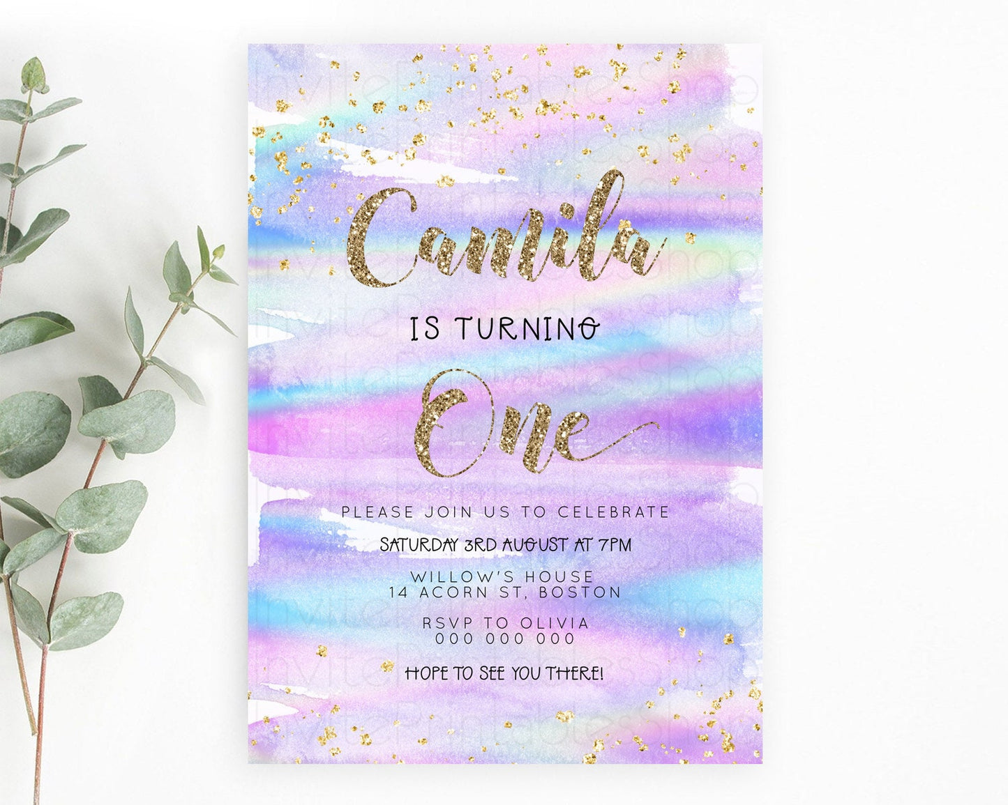 Rainbow Birthday Invitation Colorful Pastel Watercolor Invitation Gold Glitter Sprinkles Ombre Pastel 1st 2nd 3rd Birthday D23262