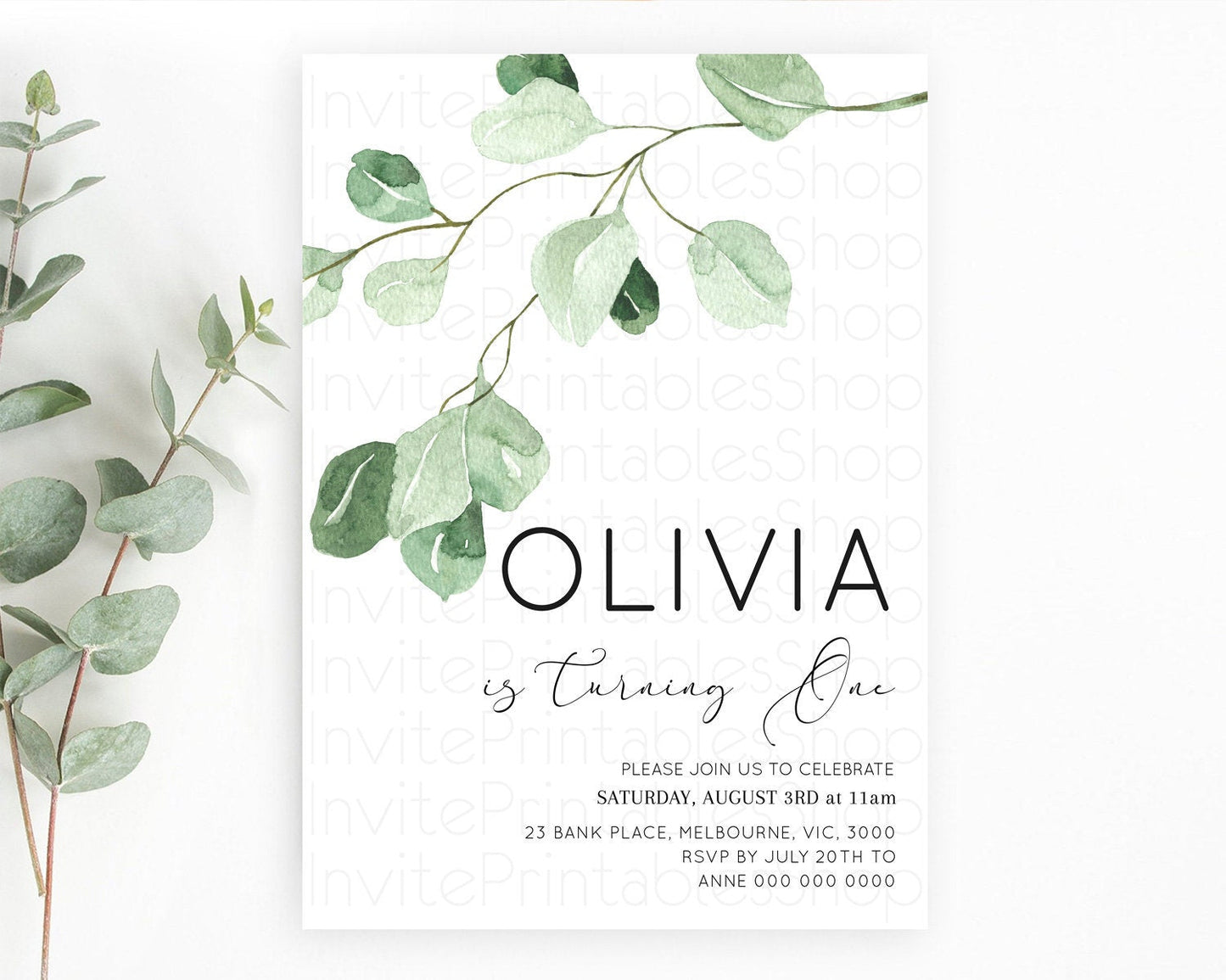 Leafy Birthday Invitation Leafy Invitation Simple Greenery Invitation Eucalyptus Fern Spray Leaves Minimal Green Leaf Watercolour D11054