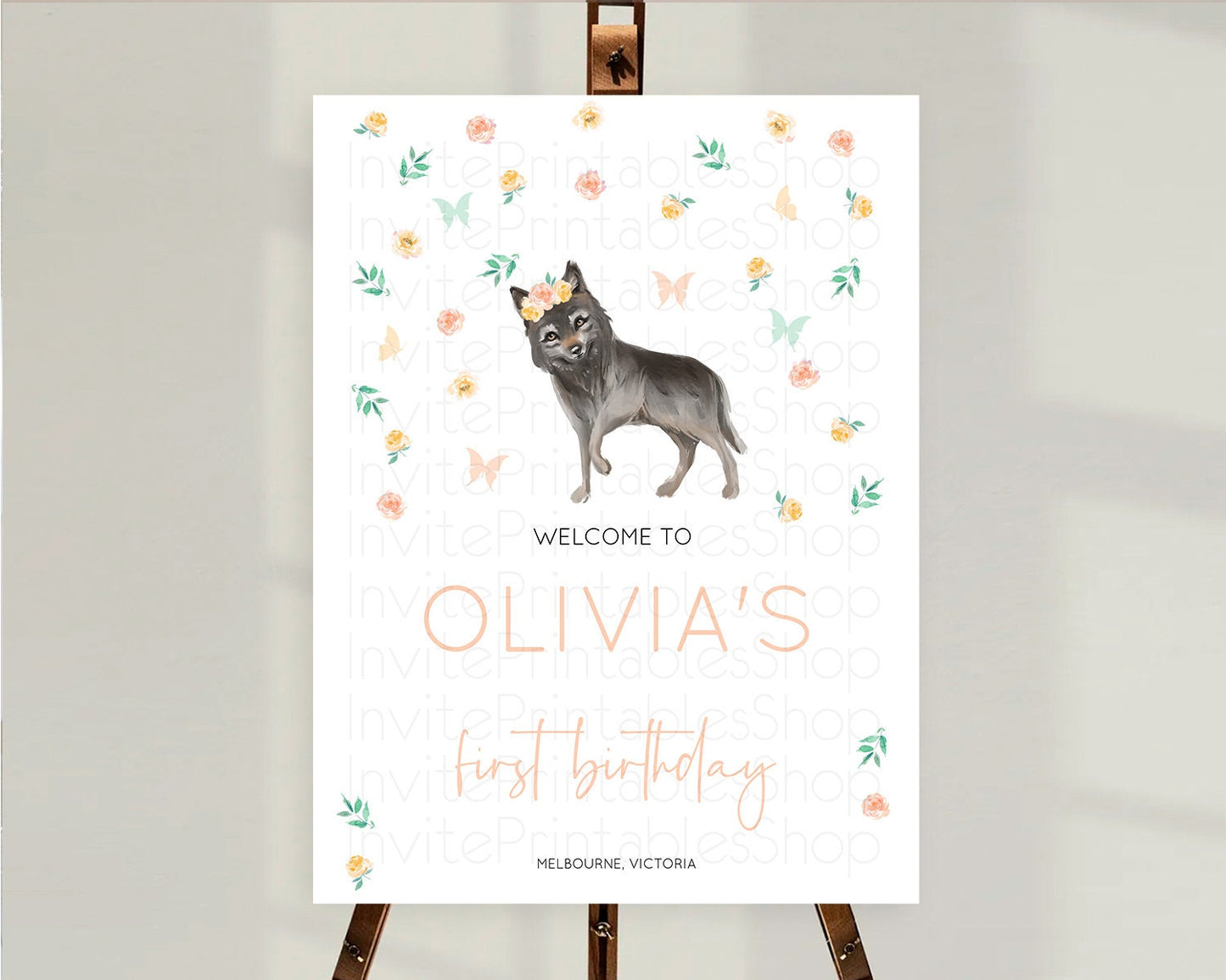 Wolf Welcome Sign Wolf Welcome Board Pastel Floral Wolf Welcome Poster Forest Wolf Party Decor Wolf First Birthday Welcome Sign D10362
