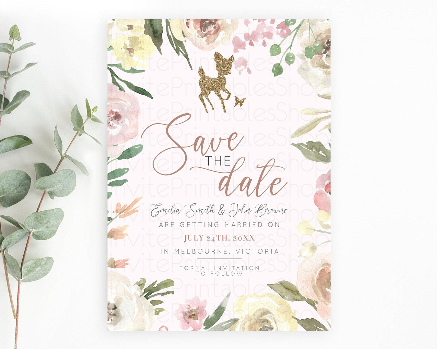 Fawn Deer Save The Date Template Pastel Floral Deer Enchanted Forest Butterfly Party 1st Birthday Baptism Baby Shower Bridal Shower D10193