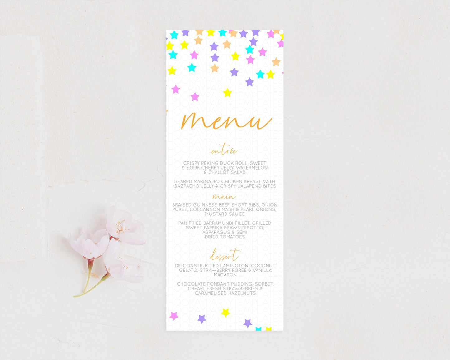 Star Menu Template Pastel Stars Menu Shooting Star Twinkle Little Star Decor Rainbow Colorful Confetti Dinner Dessert Food Menu D10397