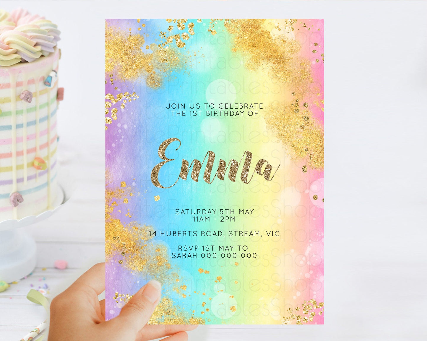 Rainbow Birthday Invitation Colorful Pastel Watercolor Invitation Gold Glitter Sprinkles Ombre Pastel 1st 2nd 3rd Birthday D10561