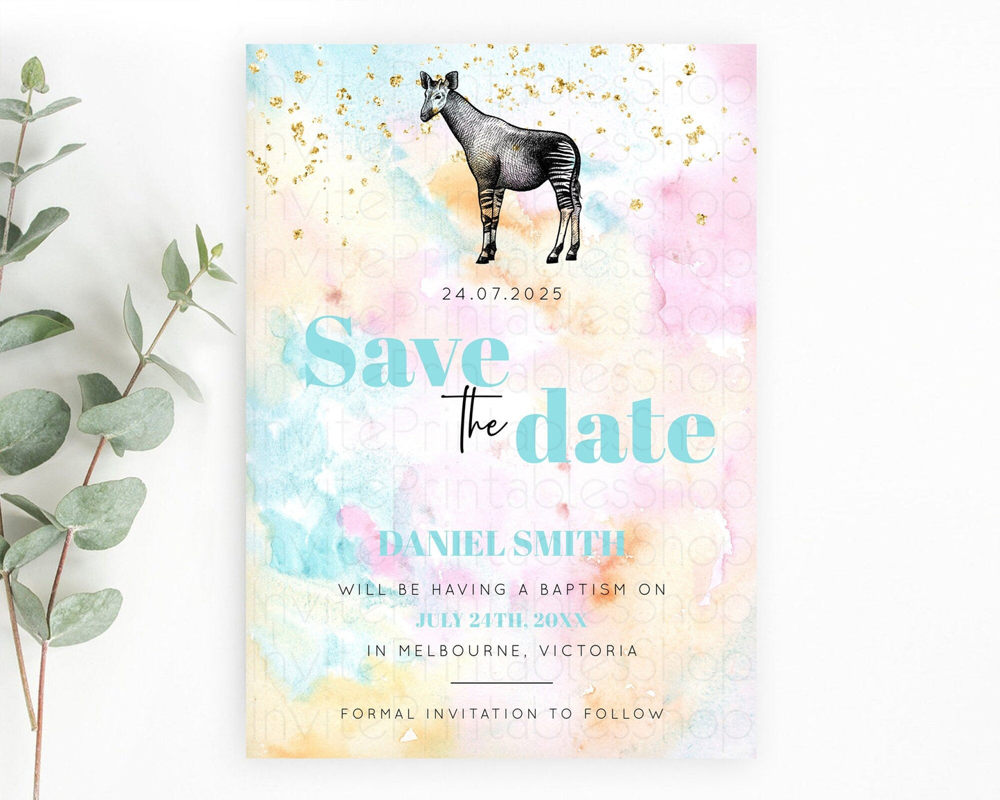 Pastel Okapi Save The Date Template Rainbow Watercolor Okapi Party Save The Date Colorful Okapi Theme Birthday Baptism Baby Shower D10282