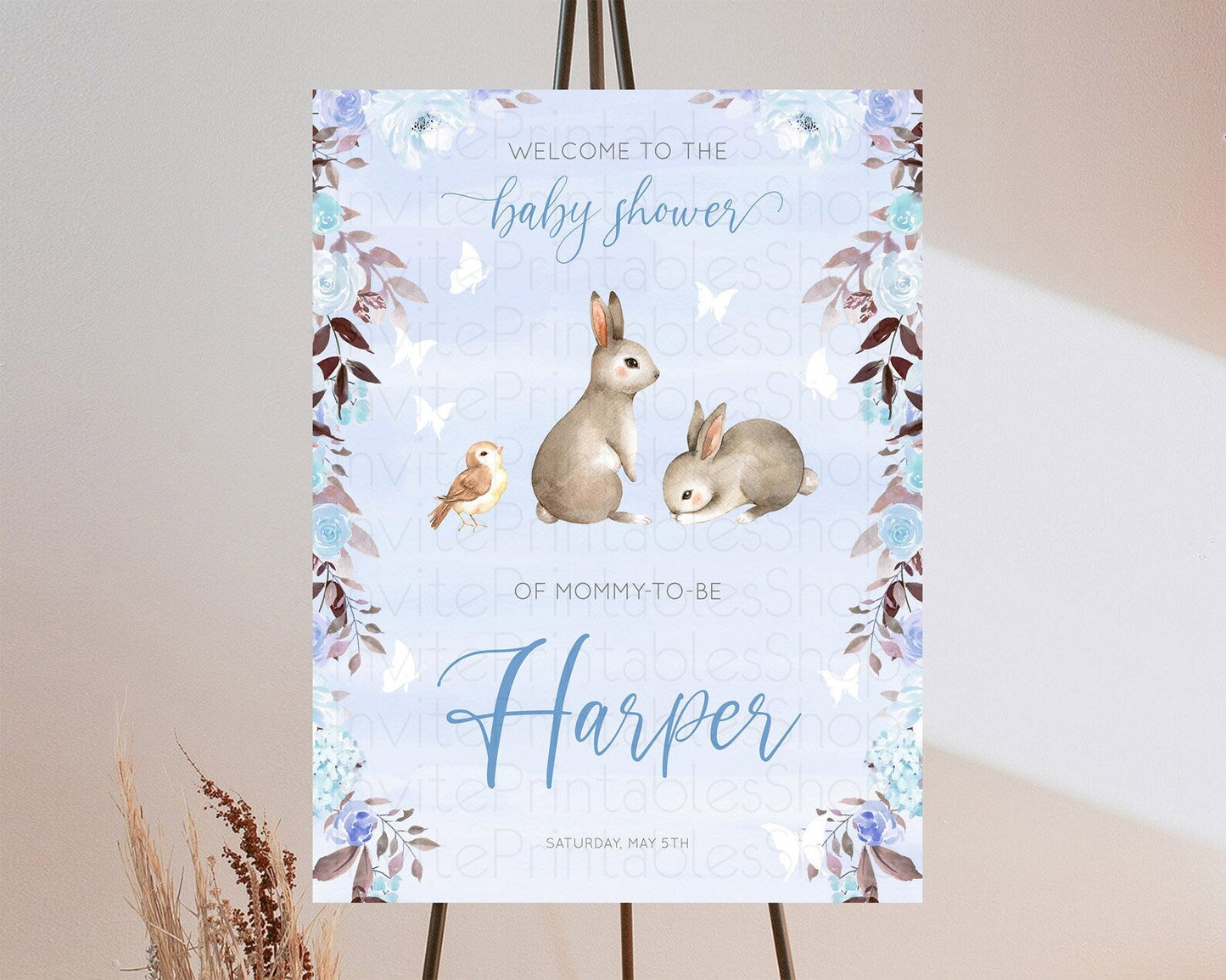 Bunny Baby Shower Welcome Sign Floral Bunny Welcome Board Pastel Flowers Woodland Bunny Welcome Poster Forest Bunny Welcome Sign D10923