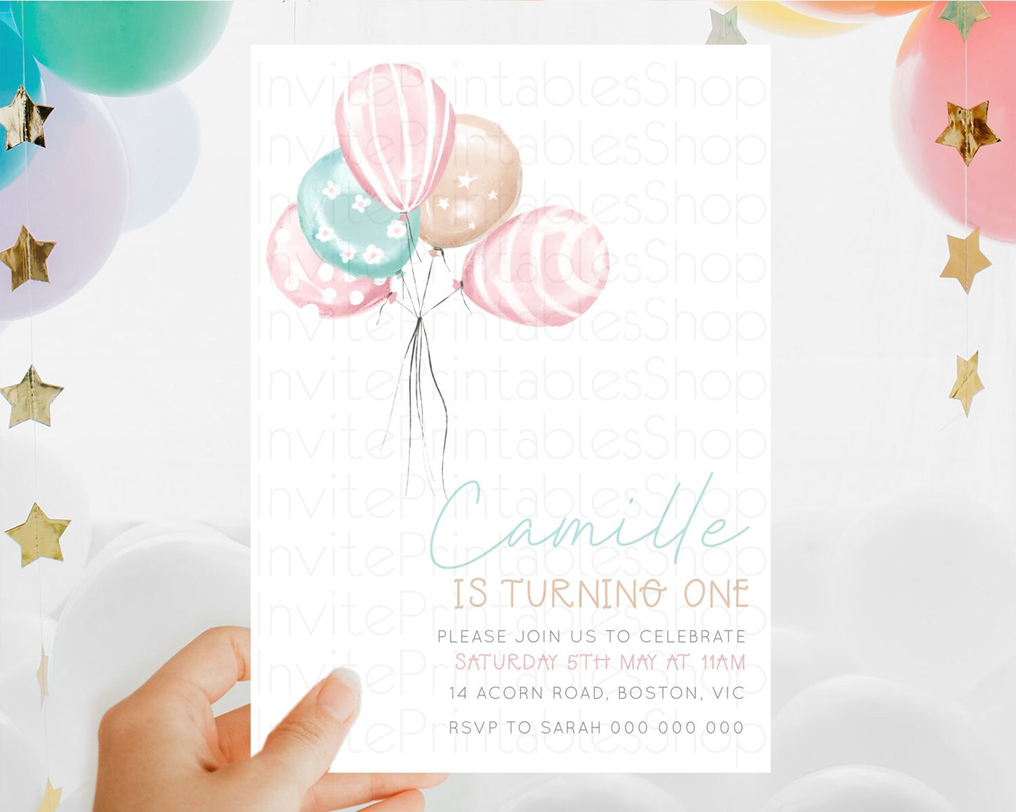 Balloon Birthday Invitation Pastel Birthday Invitation Pastel Balloon Invites Colorful Pastel Rainbow Balloon 3rd 2nd First Birthday D10687