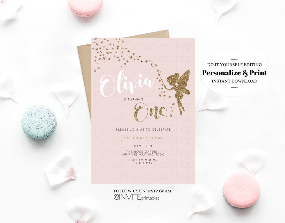 Fairy Birthday Invitation Gold Glitter Invitation Tinker Bell Invites Fairy Invite Gold Glitter Pink, Fairy TinkerBell Pastel Invitation