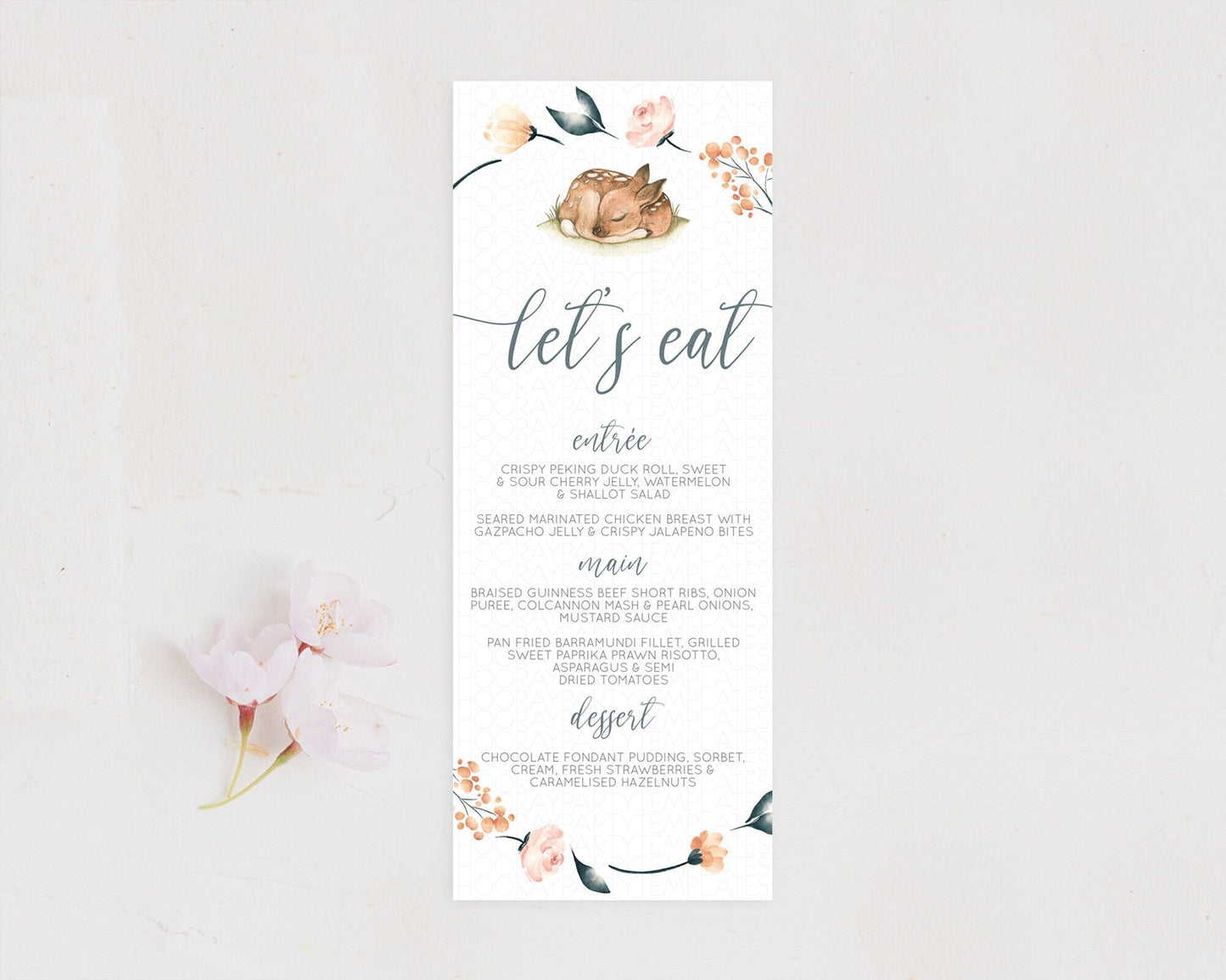 Fawn Menu Deer Menu Template Pastel Floral Deer Table Decor Enchanted Forest Butterfly Floral Dinner Dessert Menu Party Food Menu D10790