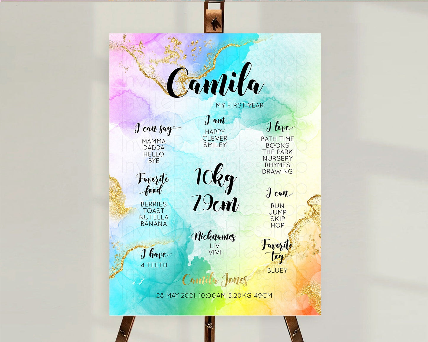 Pastel First Birthday Milestone Board Pastel Rainbow Milestone Poster Colorful Confetti Watercolor Glitter 1st Birthday Welcome Sign D10392